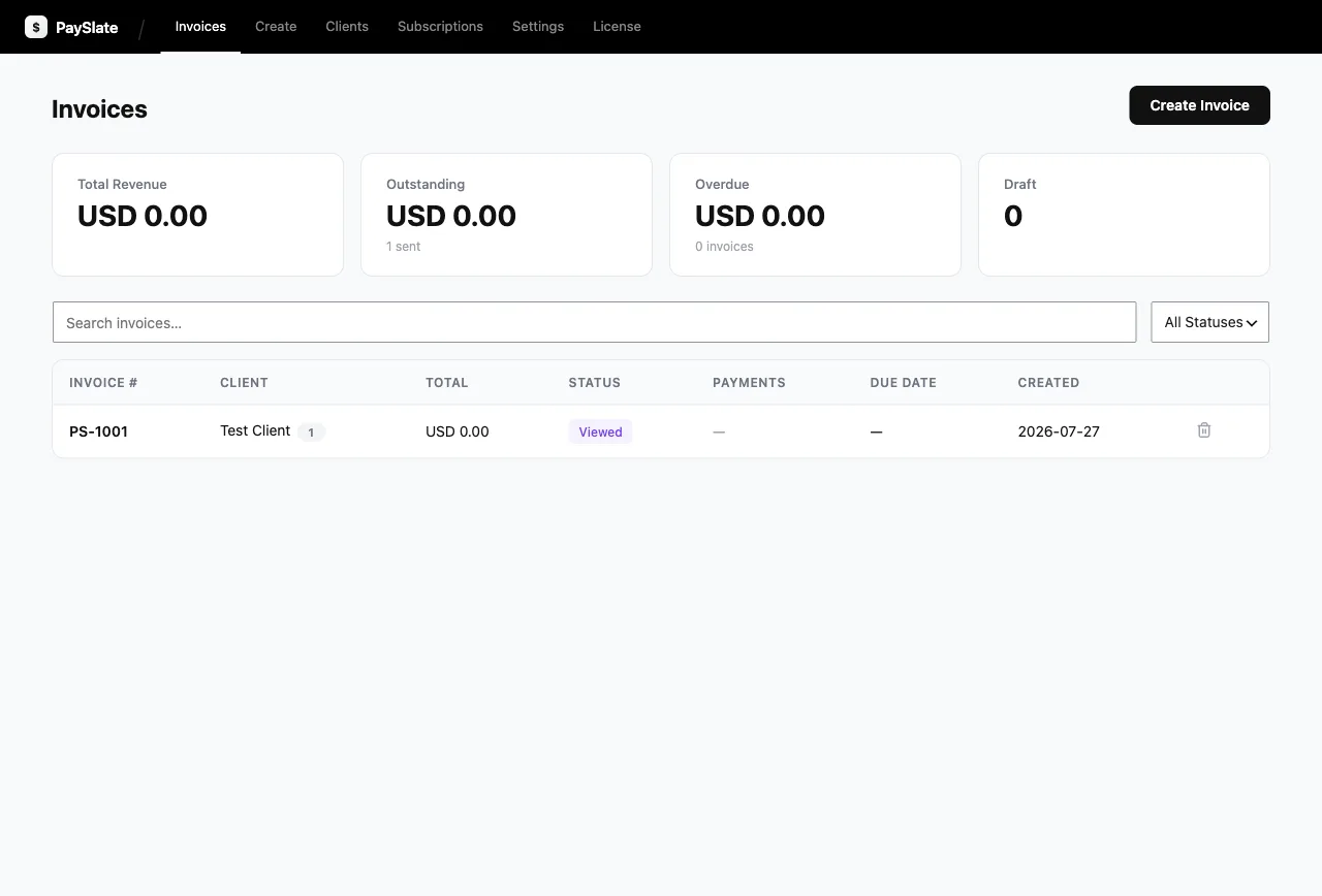 The PaySlate WordPress invoicing plugin dashboard: totals, statuses and invoices at a glance.