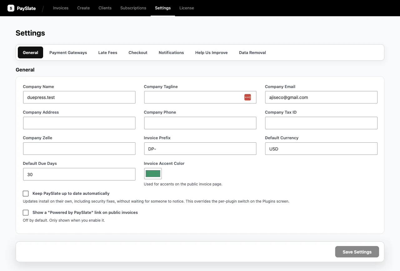PaySlate support covers every screen, including payment gateway settings.