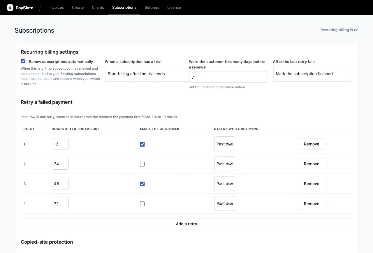 Consultant invoicing in WordPress with retainer subscriptions tracked in PaySlate.